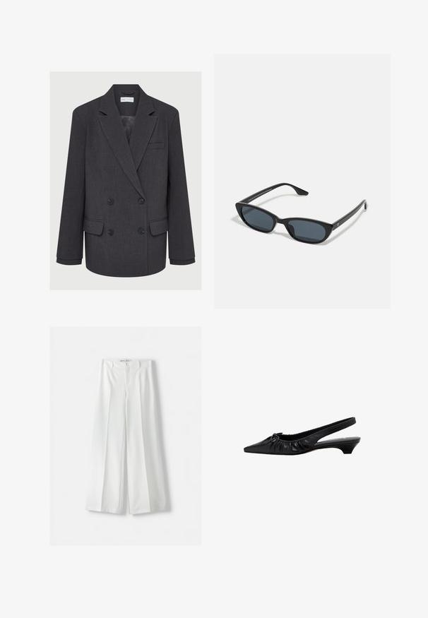 Sivý dvojradový blazer s výstrihom do "notched lapels", dvoma prednými vreckami a textúrovanou látkou. Obsahuje čierne gombíky a hladkú vnútornú podšívku.; Asymetrický čierny top vyrobený z hladkej látky, ktorý má zbrúsený dizajn s akcentom zlatého hardvéru na jednej strane.; Bershka WIDE-LEG TAILORED - Nohavice - white; Čierne kožené sandále s špicatou špičkou, baleným detailom a nízkym podpätkom. Hladká textúra a minimalistický dizajn.; Čierne mačacie slnečné okuliare s tmavými sklami, plastovým rámom, štíhlymi spolkami a jemným brandingom na vnútornej strane ramena. Matná povrchová úprava.