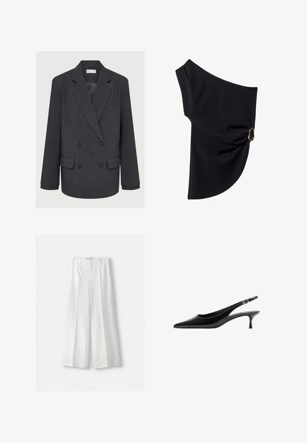 Siva dvoredna blazer jopica z žepi, z dvema sprednjima žepoma in teksturirano tkanino. Ima črne gumbe in gladko notranjo podlogo.; Asimetrična črna majica iz gladkega materiala, ki ima nabran dizajn s poudarkom iz zlatotone kovine na eni strani.; Bershka WIDE-LEG TAILORED - Hlače - white; Črne lakirane slingback petke s konicami, tankim peto in zaponko na traku. Gladka tekstura in elegantna oblikovanje.