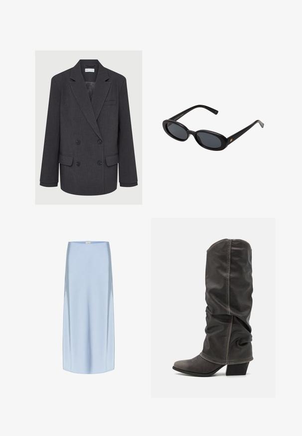 Siva dvoredna blazer jopica z žepi, z dvema sprednjima žepoma in teksturirano tkanino. Ima črne gumbe in gladko notranjo podlogo.; Bela dolg rokav s klasičnim ovratnikom, z gumbi spredaj in gladko teksturo, izdelana iz lahkega materiala z rahlim sijajem.; Midi krilo iz svile v svetlo modri barvi, ki se ponaša z gladko, sijočo teksturo, ravno silhueto in subtilnim leskom. Rob se konča tik pod kolenom.; Sivi usnjeni škornji do meč, z ohlapnim dizajnom, koničastim nosom in plitkim podplatom. Opazna šivana detajla na področju prstov.; Črne oversize sončne očala z ovalnimi lečami, gladkim plastičnim okvirjem in zlatenimi detajli na templjih. Temne leče zagotavljajo zaščito pred soncem.