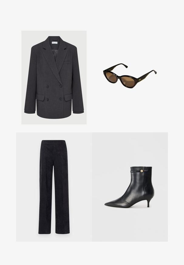 Grauer zweireihiger Blazer mit Reverskragen, zwei vorderen Taschen und strukturiertem Stoff. Verfügt über schwarze Knöpfe und ein glattes Innenfutter.; Schwarzes Camisole mit verstellbaren Trägern, schillerndem Ausschnitt und aufwendiger schwarzer Spitzenborte am oberen Rand. Glattes, satinähnliches Material.; Dunkelgraue Cordhosen mit geradem Bein, ausgestattet mit einer strukturierten, gerippten Oberfläche und einem elastischen Bund für zusätzlichen Komfort.; Schwarze Leder-Ankle-Boots mit spitzer Zehenform und kleinem, verjüngtem Absatz. Mit einem dekorativen Riemen und einem goldenen Knopf-Element. Glatte Textur.; Schwarze Cat-Eye-Sonnenbrille mit braunen Gläsern. Strukturiertes goldfarbenes Zubehör an den Bügeln. Glatter Kunststoffrahmen mit glänzender Oberfläche.; Schwarze Lederhandtasche mit einer eleganten, rechteckigen Form. Sie hat eine glatte Textur, zwei Griffe und einen silbernen Beschlag.; Anna Field LEATHER - Fingerhandschuh - black