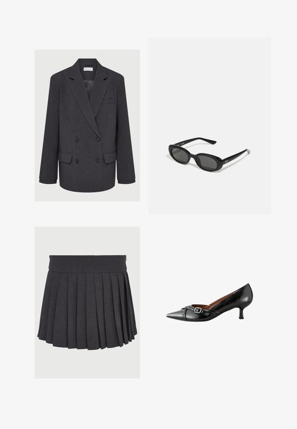 Sivý dvojradový blazer s výstrihom do "notched lapels", dvoma prednými vreckami a textúrovanou látkou. Obsahuje čierne gombíky a hladkú vnútornú podšívku.; Biela dlhá košeľa s gombíkmi a špicatým golierom, s naberanými manžetami, vystavená na jednoduchej bielej ploche.; Sivá plisovaná sukňa s rovnou pásovkou a zipsom, vyrobená z textúrovanej tkaniny, s rovnomerne rozmiestnenými hlbokými plisami.; Čierne kožené lodičky na vysokom podpätku s špicatou špičkou, ozdobnou sponou a detailom remienka, a s úzkym tvarovaním podpätku. Hladká textúra po celom povrchu.; Čierne slnečné okuliare s oválnymi šošovkami, lesklý plastový rám a štíhle ramienka. Na boku majú biele logo Ray-Ban.; Kovový prsteň s hladkým, lesklým povrchom a textúrovaným, vzorovaným vnútrom. Obdĺžnikového tvaru s jemným otvorom na jednej strane.