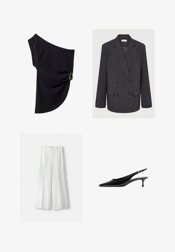 Szary dwurzędowy blezer z wyłogami, dwoma przednimi kieszeniami i teksturowanym materiałem. Posiada czarne guziki i gładką podszewkę.; Asymetryczna czarna bluzka wykonana z gładkiego materiału, z marszczonym wzorem i akcentem z złotego metalu z jednej strony.; Bershka WIDE biały; Czarne lakierowane czółenka na odkrytej pięcie z ostro zakończonym noskiem, smukłym obcasem i akcentem w postaci klamry na pasku. Gładka faktura i elegancki design.