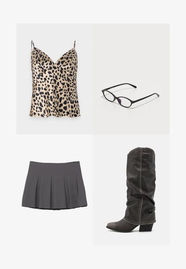 Szürke, dupla mellényes blézer lejjebb vágott hajtókával, két elülső zsebbel és texturált anyaggal. Fekete gombokkal és sima belső béléssel rendelkezik.; Beige és fekete leopárd mintás trikó, selymes anyagból, v-nyakú kialakítással, vékony pántokkal, lebegő aljjal és diszkrét logó részlettel.; Fekete bordás ujjatlan topok, testhez simuló kialakítással, magas nyakkal. A textúra rugalmasnak és simának tűnik, egyszerű sziluettel.; Szürke plisszírozott szoknya sima textúrával, varrott részletezéssel és testhezálló derékkal, a comb közepéig ér.; Szürke bőr, térdig érő csizmák, amelyek laza kialakításúak, hegyes orrúak és tornácos sarkúak. Figyelemre méltó varrási részlet az orr részén.; Fekete műanyag szemüveg ovális formával, átlátszó lencsékkel és egy lila akcentussal a bal lencsén. Stílusos, minimalista dizájn.