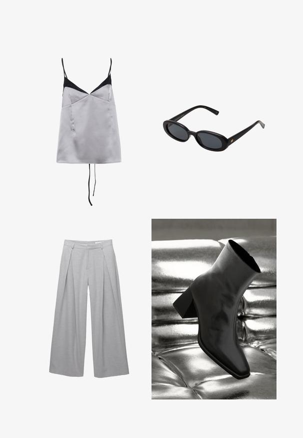Szary dwurzędowy blezer z wyłogami, dwoma przednimi kieszeniami i teksturowanym materiałem. Posiada czarne guziki i gładką podszewkę.; Sukienka na ramiączkach z satyny w jasnoszarym kolorze z czarnymi akcentami i cienkimi ramiączkami. Posiada dekolt w kształcie litery V, gładką teksturę oraz luźny krój.; Jasnoszare spodnie o szerokich nogawkach, wykonane z teksturowanej tkaniny, z plisami z przodu, szlufkami na pasek i dopasowanym paskiem w talii. Brak widocznych zapięć.; Czarne botki za kostkę wykonane z błyszczącego materiału, z kwadratowym noskiem i zwężającym się obcasem, na tle błyszczącego srebrnego tapicerowanego tła.; Czarne, oversize okulary przeciwsłoneczne z owalnymi soczewkami, gładkim plastikowym mostkiem i złotymi akcentami na zausznikach. Ciemne soczewki zapewniają ochronę przed słońcem.
