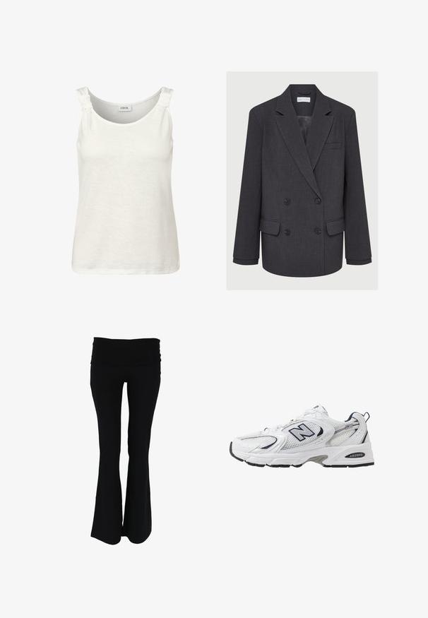 Harmaa kaksirivinen bleiseri, jossa on hapsulliset kaulukset, kaksi etutaskua ja teksturoitu kangas. Varustettu mustilla nappeilla ja sileällä vuorella.; Valkoinen hihaton toppi, jossa on pyöreä kaula-aukko ja solmukku yksityiskohtana olkaimissa. Valmistettu pehmeästä, kevyestä kankaasta.; Mustat levenevät joogahousut, joissa on leveä, joustava vyötärö. Valmistettu pehmeästä, kevyestä kankaasta, joka on sileää ja ilman näkyviä kuvioita.; Valkoinen urheilushoe, jossa on verkkomateriaali päällä, laivastonsiniset yksityiskohdat ja pehmeä pohja. Varustettu "N"-logolla, nauhoilla ja teksturoidulla yksityiskohdalla sivussa.