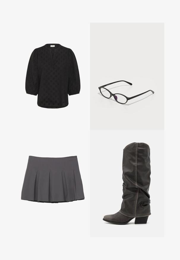 Grijze dubbelgeknoopte blazer met gekartelde revers, twee voorkezen en een gestructureerde stof. Voorzien van zwarte knopen en een gladde binnenvoering.; Kaffe Blouse - black deep; Grijze geplooide rok met een gladde textuur, voorzien van gestikte details en een aansluitende tailleband, eindigend op dijhoogte.; Grijze leren laarzen tot de kuit met een slouchy ontwerp, spitse neus en gestapelde hak. Opmerkelijke stikdetails op het neusstuk.; Zwarte kunststof brillen met een ovale vorm, voorzien van heldere lenzen en een paarse accent op de linkerlens. Strak, minimalistisch ontwerp.