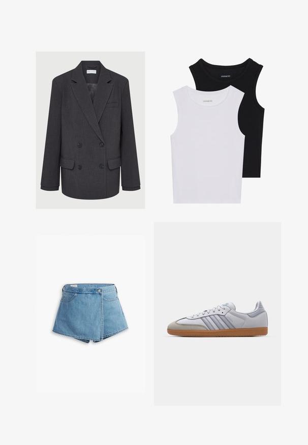 Szürke, dupla mellényes blézer lejjebb vágott hajtókával, két elülső zsebbel és texturált anyaggal. Fekete gombokkal és sima belső béléssel rendelkezik.; Két ujjatlan felső fekete és fehér színben, bordás pamutból készült, kerek nyakkivágással és testhez simuló fazonnal. Mindkettőn látható címke.; Világoskék farmer rövidnadrág, csavart kialakítással, elülső zsebekkel és fémből készült gombos záródással. Sima textúra, varrott szélekkel.; Fehér bőr sportcipők világoskék részletekkel, szürke velúr orral és barna gumitalppal. Három kék csíkkal és "Samba" felirattal rendelkezik.