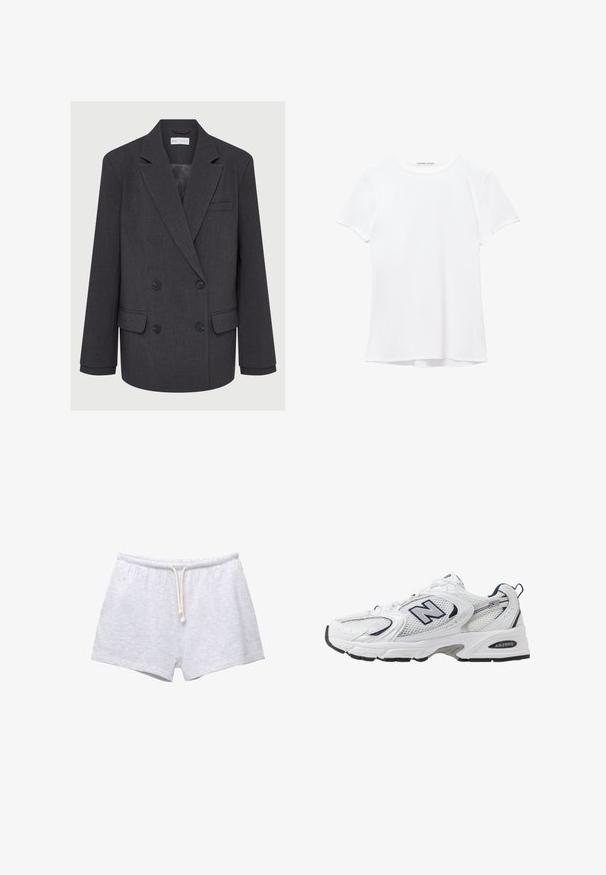 Blazer grigio doppiopetto con rever a punta, due tasche frontali e tessuto testurizzato. Presenta bottoni neri e una fodera interna liscia.; T-shirt bianco a maniche corte realizzato in tessuto liscio, caratterizzato da un colletto rotondo e dettagli di cucitura discreti all'orlo.; Pantaloni corti grigi in cotone con vita elastica e cordoncino. Tessuto morbido e design semplice, privo di motivi o dettagli.; Scarpa sportiva bianca con tomaia in mesh, dettagli in blu marino e suola imbottita. Presenta il logo "N", lacci e dettaglio texturizzato sul lato.