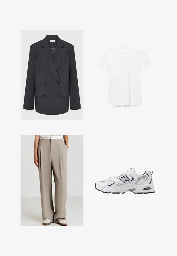 Blazer grigio doppiopetto con rever a punta, due tasche frontali e tessuto testurizzato. Presenta bottoni neri e una fodera interna liscia.; T-shirt bianco a maniche corte realizzato in tessuto liscio, caratterizzato da un colletto rotondo e dettagli di cucitura discreti all'orlo.; Persona che indossa pantaloni beige a vita alta e gamba larga con pieghe, dettagli della vita bianchi e sneakers bianche, in piedi con le mani in tasca.; Scarpa sportiva bianca con tomaia in mesh, dettagli in blu marino e suola imbottita. Presenta il logo "N", lacci e dettaglio texturizzato sul lato.