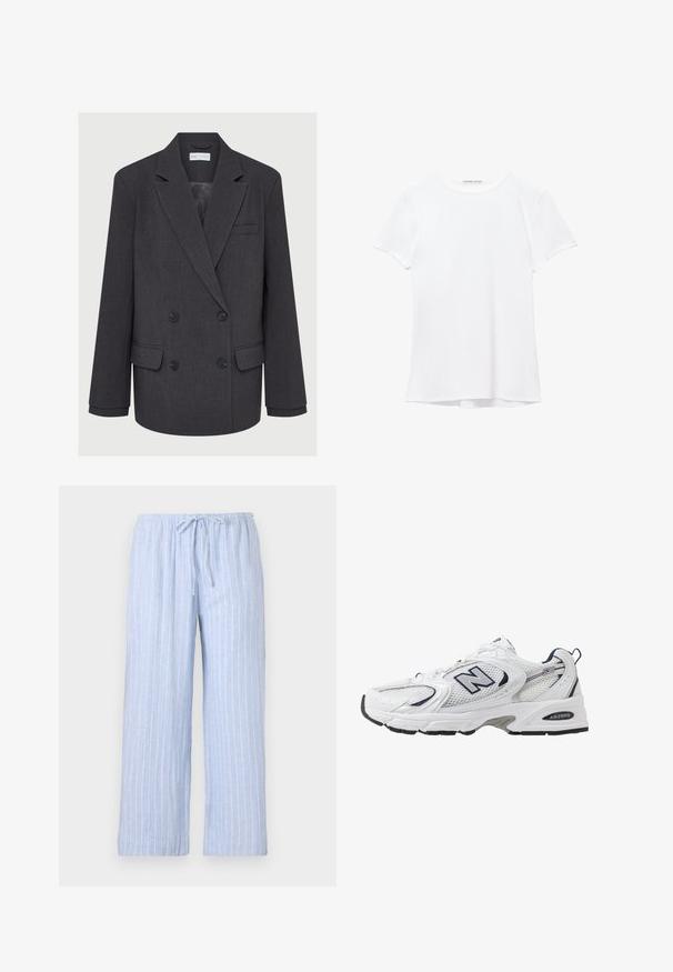 Grå dobbeltradet blazer med klapkrave, to forlommer og tekstureret stof. Har sorte knapper og en glat inderside.; Hvid kortærmet t-shirt lavet af glat stof, med rund halsudskæring og diskrete syninger ved kanten.; Lyseblå pyjamabukser med hvide lodrette striber, lavet af blødt stof, med elastisk talje og justerbar snor.; Hvide sportsko med netoverdel, marineblå detaljer og polstret sål. Har "N" logo, snørebånd og struktureret detalje på siden.