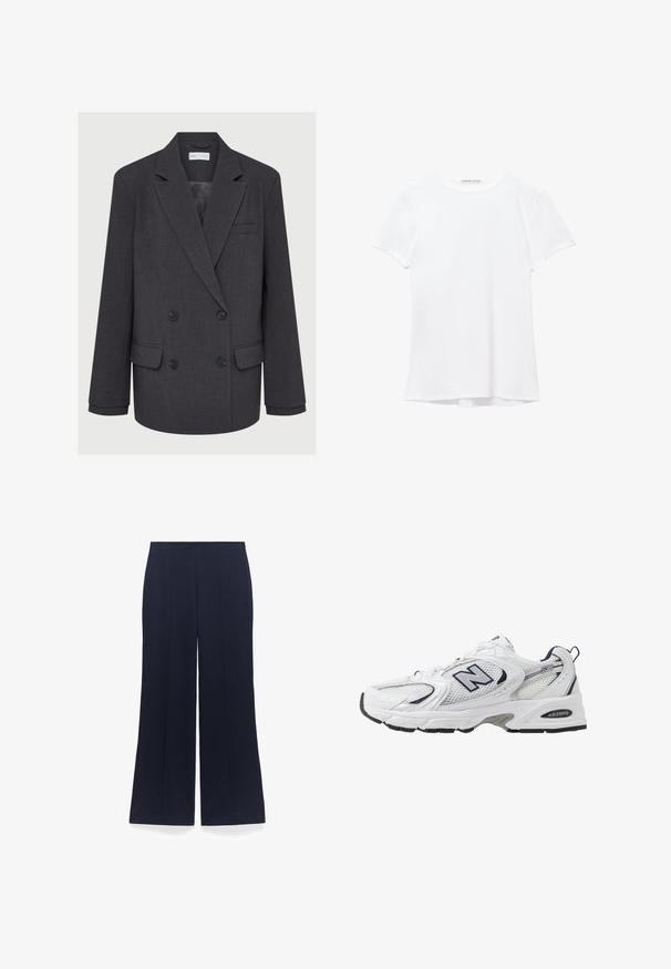 Szary dwurzędowy blezer z wyłogami, dwoma przednimi kieszeniami i teksturowanym materiałem. Posiada czarne guziki i gładką podszewkę.; Biały krótki rękaw t-shirt wykonany z gładkiego materiału, z okrągłym dekoltem i subtelnymi detalami szycia na dole.; Granatowe spodnie o szerokich nogawkach z pionowymi paskami, wykonane z teksturowanej tkaniny. Posiadają płaski pas i brak widocznych elementów metalowych.; Białe sportowe buty z siateczkową cholewką, granatowymi akcentami i wyściełaną podeszwą. Posiadają logo "N", sznurówki oraz teksturowany detal po boku.