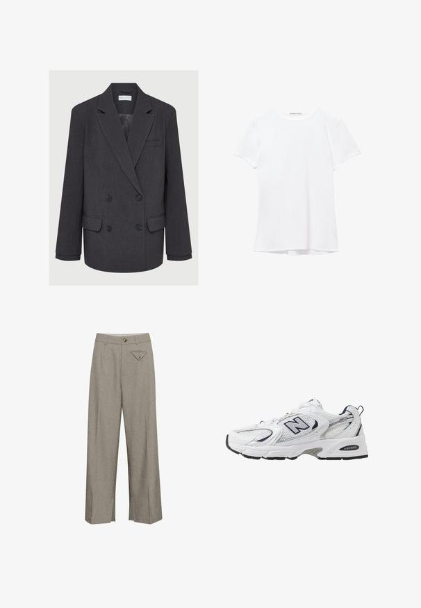 Grå dubbelknäppt kavaj med slag, två framfickor och strukturerad tyg. Har svarta knappar och en slät innerfoder.; Vit kortärmad t-shirt i mjukt tyg, med rund halsringning och diskreta sömnadsdetaljer vid fållen.; Breda byxor i ljusgrått tyg, med framknäppning, två sidofickor och en dekorativ bakficka i diamantform.; Vit sportskor med överdel i mesh, marinblå accenter och dämpad sula. Har "N"-logotyp, snörning och texturerad detalj på sidan.