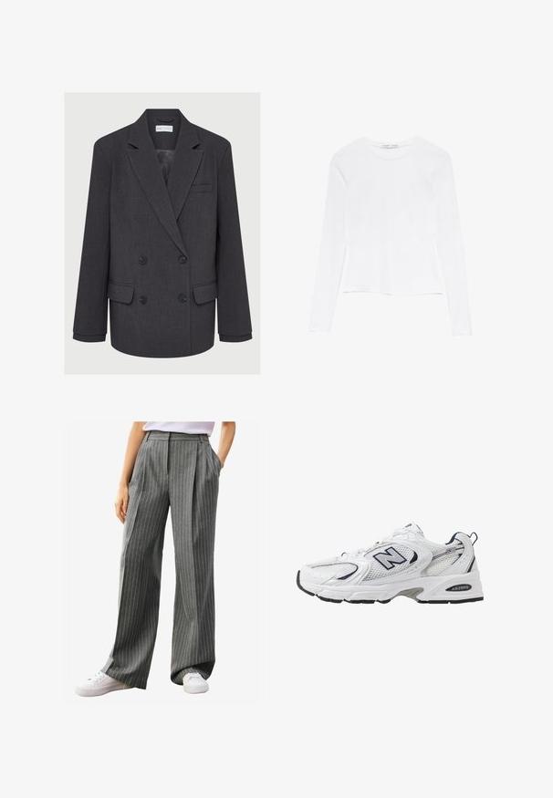 Šedý dvouřadý blejzr s klopami, dvěma předními kapsami a texturovanou tkaninou. Obsahuje černé knoflíky a hladkou podšívku.; Bílé tričko s dlouhým rukávem a kulatým výstřihem. Disponuje přiléhavým střihem, hladkým textilním povrchem a mírně zkráceným lemem.; Šedé pruhované kalhoty širokého střihu s sklady, mají měkkou texturu a postranní kapsy, doplněné bílými teniskami.; Bílé sportovní boty s textilním svrškem, námořnickými akcenty a polstrovanou podrážkou. Obsahují logo "N", tkaničky a texturovaný detail na boku.