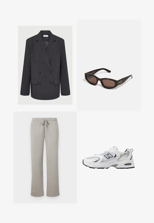 Grijze dubbelgeknoopte blazer met gekartelde revers, twee voorkezen en een gestructureerde stof. Voorzien van zwarte knopen en een gladde binnenvoering.; Witte lange mouwtop met een ronde halslijn. Heeft een aansluitend ontwerp, een gladde stoftextuur en een iets cropped zoomlijn.; Lichtgrijze sweatpants gemaakt van een zachte katoenmix, met een elastische tailleband met verstelbaar trekkoord en rechte pijpen.; Witte sport schoen met mesh bovenkant, marineblauwe accenten en een gehoorzaamde zool. Bevat het "N" logo, veters en een gestructureerde detail aan de zijkant.; Bruine schildpadzonnebril met een rechthoekige vorm, donkerbruine lenzen en gouden 'vogue'-branding op de pootjes.