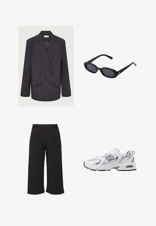 Grauer zweireihiger Blazer mit Reverskragen, zwei vorderen Taschen und strukturiertem Stoff. Verfügt über schwarze Knöpfe und ein glattes Innenfutter.; Weißes Langarmoberteil mit Rundhalsausschnitt. Hat ein enganliegendes Design, eine glatte Stoffoberfläche und einen leicht gekürzten Saum.; Schwarze Culottes aus einem glatten Stoff, mit einem taillierten Bund, der zwei Knöpfe und scharfe vordere Falten für Struktur und Stil aufweist.; Weißer Sportschuh mit Mesh-Obermaterial, navyblauen Akzenten und gepolsterter Sohle. Verfügt über das "N"-Logo, Schnürsenkel und eine strukturierte Detailverarbeitung an der Seite.; Schwarze, oversized Sonnenbrillen mit ovalen Gläsern, glattem Kunststoffrahmen und goldenen Akzenten an den Bügeln. Die dunklen Gläser bieten Sonnenschutz.