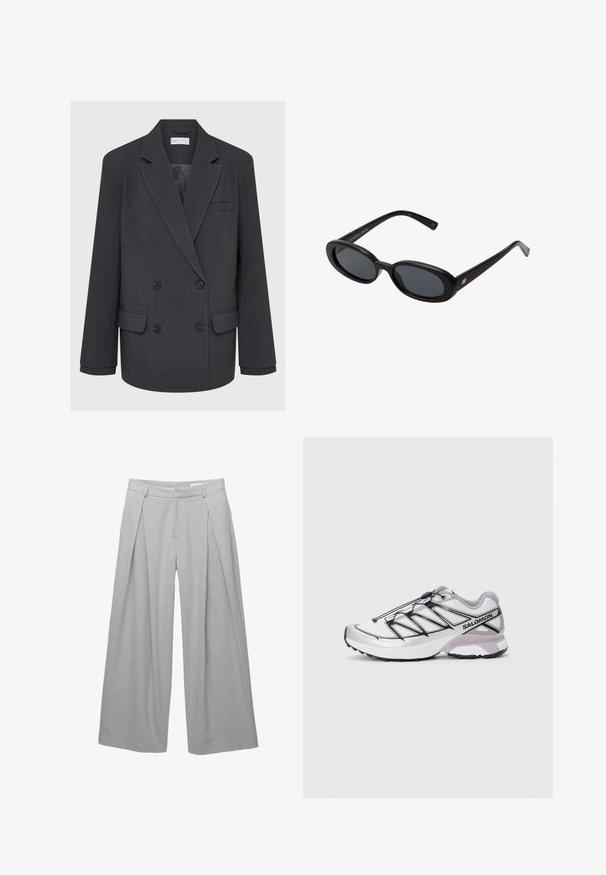 Grå dobbeltradet blazer med klapkrave, to forlommer og tekstureret stof. Har sorte knapper og en glat inderside.; Hvid langærmet top med rund halsudskæring. Har et fitted design, glat stofstruktur og en let cropped nederste kant.; Lys grå vidde bukser, lavet af tekstureret stof, med frontfald, bæltestropper og en skrædderlavet talje. Ingen synlige lukninger.; Løbesko med en let, hvid mesh-overdel, sølv accenter og sort snøresystem; har en tekstureret sål for greb.; Store store