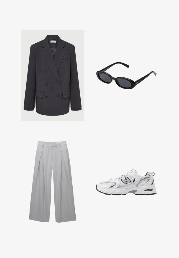 Grå dobbeltradet blazer med klapkrave, to forlommer og tekstureret stof. Har sorte knapper og en glat inderside.; Hvid langærmet top med rund halsudskæring. Har et fitted design, glat stofstruktur og en let cropped nederste kant.; Lys grå vidde bukser, lavet af tekstureret stof, med frontfald, bæltestropper og en skrædderlavet talje. Ingen synlige lukninger.; Hvide sportsko med netoverdel, marineblå detaljer og polstret sål. Har "N" logo, snørebånd og struktureret detalje på siden.; Store store