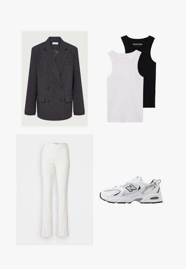 Grå dobbeltbrystet blazer med spisse lapeller, to frontlommer og teksturert stoff. Har svarte knapper og en glatt innerfôr.; To passformerede tanktopper i sort og hvid. Lavet af ribbet bomuld, de har brede stropper og afrundede halsudskæringer. Branding på kraven.; Hvide, udvidede bukser lavet af et glat, strækbart materiale. De har en høj talje og ingen synlige lommer eller udsmykninger.; Hvit sportsko med mesh-overdel, marineblå accenter og polstret såle. Har "N"-logo, lisser og teksturert detalj på siden.