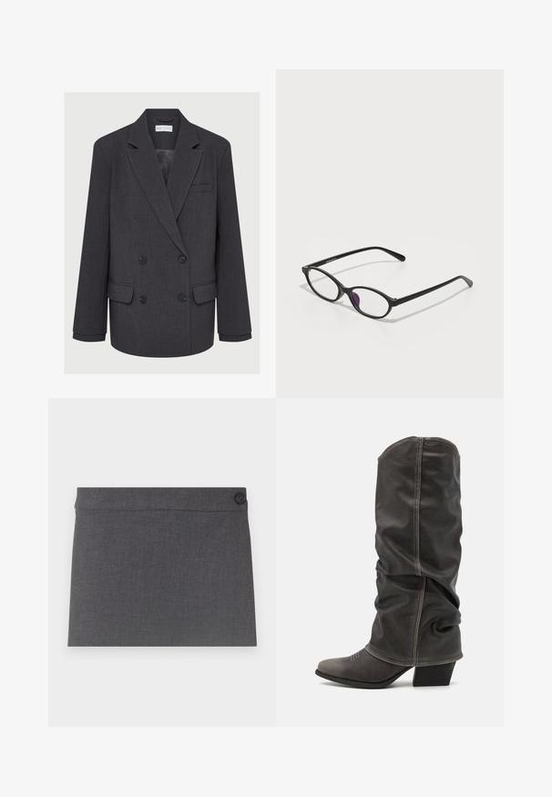 Sacou gri cu două rânduri de butoane, cu rever notchetat, două buzunare frontale și țesătură texturată. Prezintă butoane negre și o căptușeală interioară netedă.; Topuri negre din material cu textură îngrijită, cu un design aderent, guler înalt și fără mâneci. Textura pare elastică și netedă, având o siluetă simplă.; Fustă din țesătură gri, cu o textură netedă, design drept și un singur nasture negru la talie, având un aspect curat și simplu.; Botine din piele gri, cu înălțime până la gambe, design lejer, vârf ascuțit și toc stivuit. Detalii de cusătură notabile în zona vârfului.; Ochelari de plastic negri cu o formă ovală, având lentile clare și un accent mov pe lentila stângă. Design elegant și minimalist.