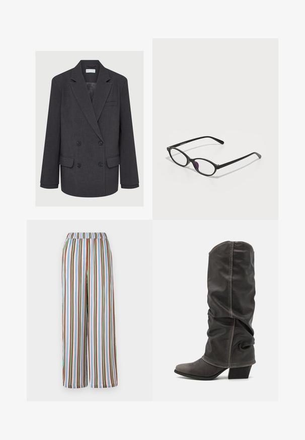 Szary dwurzędowy blezer z wyłogami, dwoma przednimi kieszeniami i teksturowanym materiałem. Posiada czarne guziki i gładką podszewkę.; Czarne prążkowane topy na ramiączkach, dopasowany fason z wysokim dekoltem i bez rękawów. Tekstura wydaje się elastyczna i gładka, z prostą sylwetką.; Spodnie w szerokim kroju w paski z elastycznym pasem. Cecha kolorowe pionowe paski w odcieniach niebieskiego, czerwonego, zielonego i białego na lekkim materiale.; Szare skórzane botki do połowy łydki o luźnym kroju, wносująca toe i z blokowanym obcasem. Zauważalne detale przeszycia w okolicy palców.; Czarne plastikowe okulary w owalnym kształcie, z przezroczystymi soczewkami i jednym fioletowym akcentem na lewym szkle. Elegancki, minimalistyczny design.