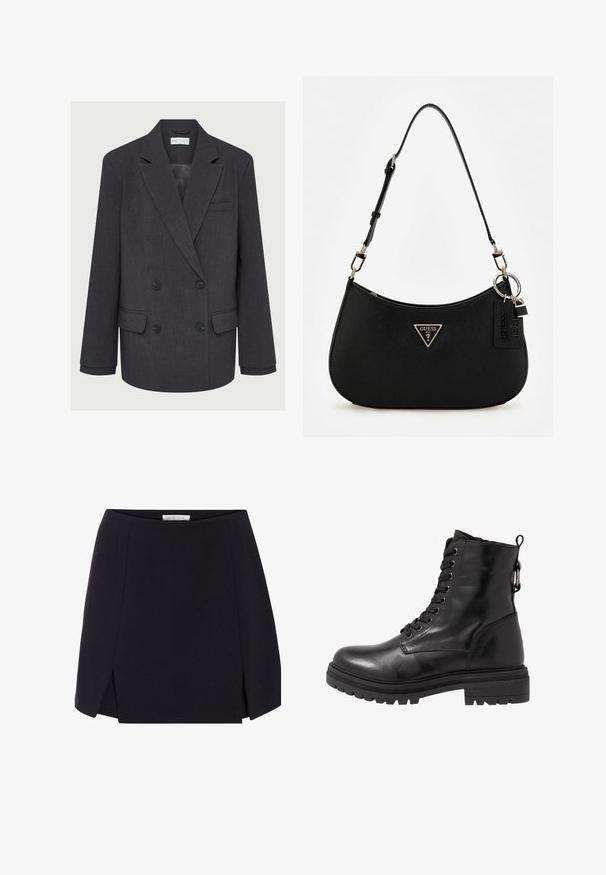Blazer gris croisé avec revers crantés, deux poches avant et tissu texturé. Présente des boutons noirs et une doublure intérieure lisse.; Haut blanc à manches longues avec un large décolleté et un détail froncé à l'arrière. Texture lisse, design ajusté.; Jupe noire en forme de A avec une texture lisse, présentant des fentes latérales et un design épuré et minimaliste. Étiquette visible au niveau de la taille.; Bottine en cuir noir avec bout arrondi, devant à lacets et semelle en caoutchouc texturé. Comprend une languette au dos et des coutures renforcées.; Sac à épaule synthétique noir avec une silhouette courbée, une finition texturée, un logo triangulaire en or et des accents matériels détachables.