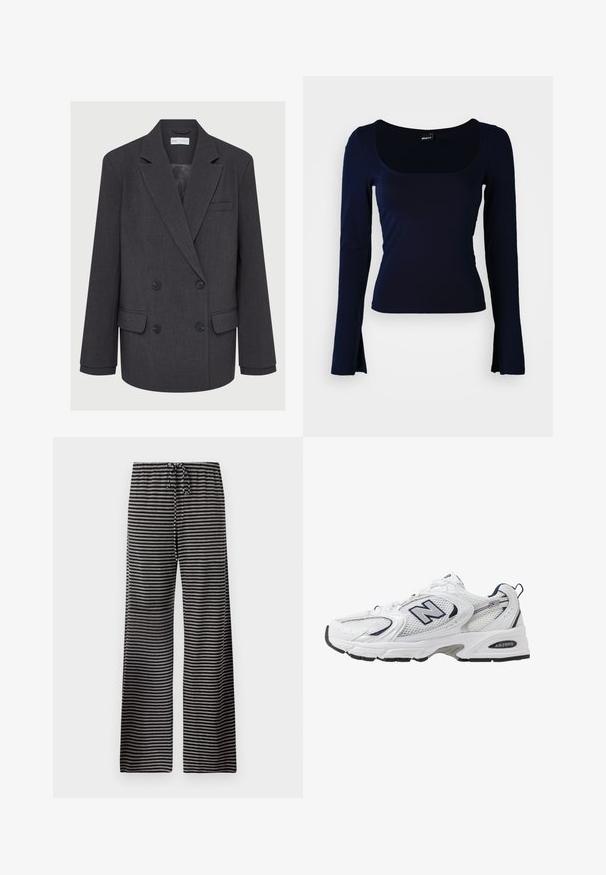 Szary dwurzędowy blezer z wyłogami, dwoma przednimi kieszeniami i teksturowanym materiałem. Posiada czarne guziki i gładką podszewkę.; Granatowa bluzka z długim rękawem o prostokątnym dekolcie, wykonana z gładkiego, elastycznego materiału. Charakteryzuje się dopasowanym krojem i lekko poszerzanymi końcami rękawów.; Pasiaste spodnie piżamowe w czerni i szarości, cechujące się luźnym krojem, elastyczną talią z sznurkiem do regulacji oraz miękkim teksturowym materiałem.; Białe sportowe buty z siateczkową cholewką, granatowymi akcentami i wyściełaną podeszwą. Posiadają logo "N", sznurówki oraz teksturowany detal po boku.