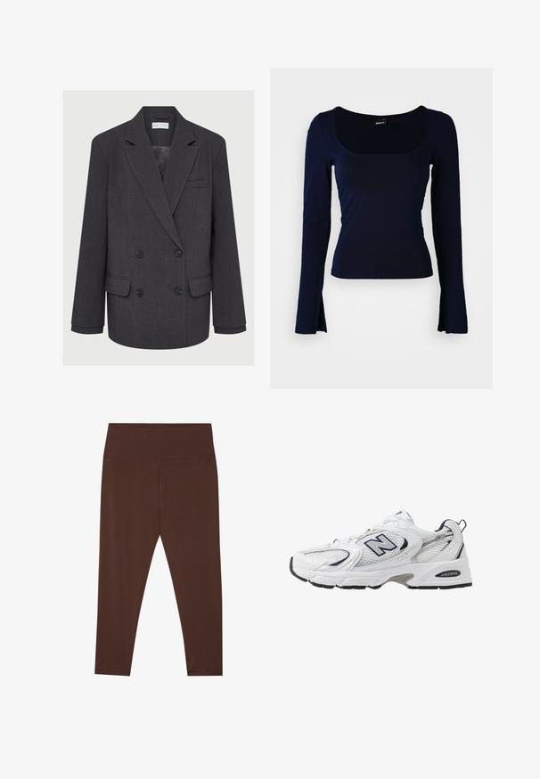 Hall Gray topelt ülikond, millel on nurgelised kraed, kaks eesmist taskut ja tekstuuriga kangas. Omab musti nuppe ja siledat sisetükki.; Tumedat pikkade varrukatega pluus ruudukujulise kaelusega, valmistatud siledast ja venivast kangast. Omab istuvat disaini ja veidi laienevaid varrukaotsi.; Pruunid keskmise pikkusega leggingsid, mis on valmistatud venivast kangast ja millel on sile tekstuur. Neil on minimaalne õmblus ja need on kohandatud disainiga.; Valge sportlik king, millel on võrgust ülasäär, tumesinised aktsendid ja pehme tallan. Omab "N" logo, paelu ja tekstuurset detaili külje peal.