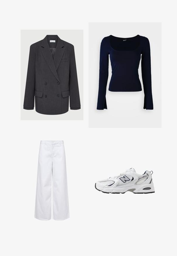 Siva dvoredna blazer jopica z žepi, z dvema sprednjima žepoma in teksturirano tkanino. Ima črne gumbe in gladko notranjo podlogo.; Mornarsko modra majica z dolgimi rokavi in kvadratnim izrezom, izdelana iz gladkega, raztegljivega materiala. Ima prilegajočo obliko in rahlo razširjene konce rokavov.; Bele široke hlače iz bombaža z oblikovanim pasom in sprednjimi žepi. Gladka tekstura s čisto, minimalistično zasnovo.; Bele športne copate z mrežasto zgornjimi deli, mornarskimi naglasnimi barvami in oblazinjeno podplatom. Vključujejo logotip "N", vezalke in teksturirane detajle na strani.