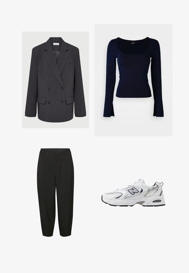 Sivi dvoredni sako s revere ovratnikom, dva prednja džepa i teksturiranom tkaninom. Ima crne dugmadi i glatku unutarnju podstavu.; Mornarnički dugolapi top s kvadratnim izrezom, izrađen od glatkog, rastezljivog materijala. Ima prilagođen kroj i blago proširene krajeve rukava.; Crne krojene hlače sa visokim strukom, detaljima nabora i suženim nogavicama, izrađene od glatkog, laganog materijala.; Bijela atletska cipela s mrežastim gornjim dijelom, mornarskim akcentima i podstavljenim potplatom. Sadrži "N" logo, vezice i teksturirani detalj sa strane.