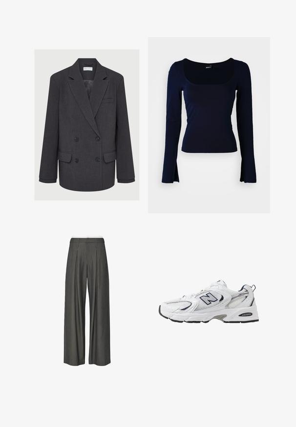 Szary dwurzędowy blezer z wyłogami, dwoma przednimi kieszeniami i teksturowanym materiałem. Posiada czarne guziki i gładką podszewkę.; Granatowa bluzka z długim rękawem o prostokątnym dekolcie, wykonana z gładkiego, elastycznego materiału. Charakteryzuje się dopasowanym krojem i lekko poszerzanymi końcami rękawów.; Szare spodnie na szerokim nogawce z delikatnym prążkiem, z plisowanym przodem, elastycznym paskiem w talii i gładką teksturą, zaprojektowane dla swobodnego fasonu.; Białe sportowe buty z siateczkową cholewką, granatowymi akcentami i wyściełaną podeszwą. Posiadają logo "N", sznurówki oraz teksturowany detal po boku.