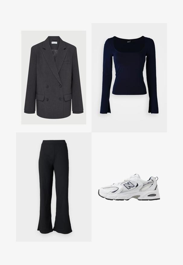 Grauer zweireihiger Blazer mit Reverskragen, zwei vorderen Taschen und strukturiertem Stoff. Verfügt über schwarze Knöpfe und ein glattes Innenfutter.; Marineblaues Langarmoberteil mit quadratischem Ausschnitt, gefertigt aus einem glatten, dehnbaren Stoff. Verfügt über eine taillierte Passform und leicht ausgestellte Ärmelenden.; Schwarze, strukturierte Schlaghosen mit einem enganliegenden Bund. Der Stoff weist subtile Rippungen auf und erweitert sich am Saum für eine lockere Passform.; Weißer Sportschuh mit Mesh-Obermaterial, navyblauen Akzenten und gepolsterter Sohle. Verfügt über das "N"-Logo, Schnürsenkel und eine strukturierte Detailverarbeitung an der Seite.