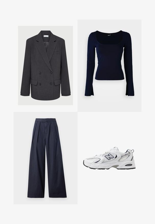 Gray double-breasted blazer with notched lapels, two front pockets, and textured fabric. Features black buttons and a smooth inner lining.; Navy long-sleeve top with a square neckline, made from a smooth, stretchy fabric. Features fitted design and slightly flared sleeve ends.; Navy wide-leg trousers with pleated front and stitched waistband. Made from a smooth, lightweight fabric, featuring a straight cut and no visible hardware.; White athletic shoe with mesh upper, navy accents, and cushioned sole. Features "N" logo, laces, and textured detail on side.