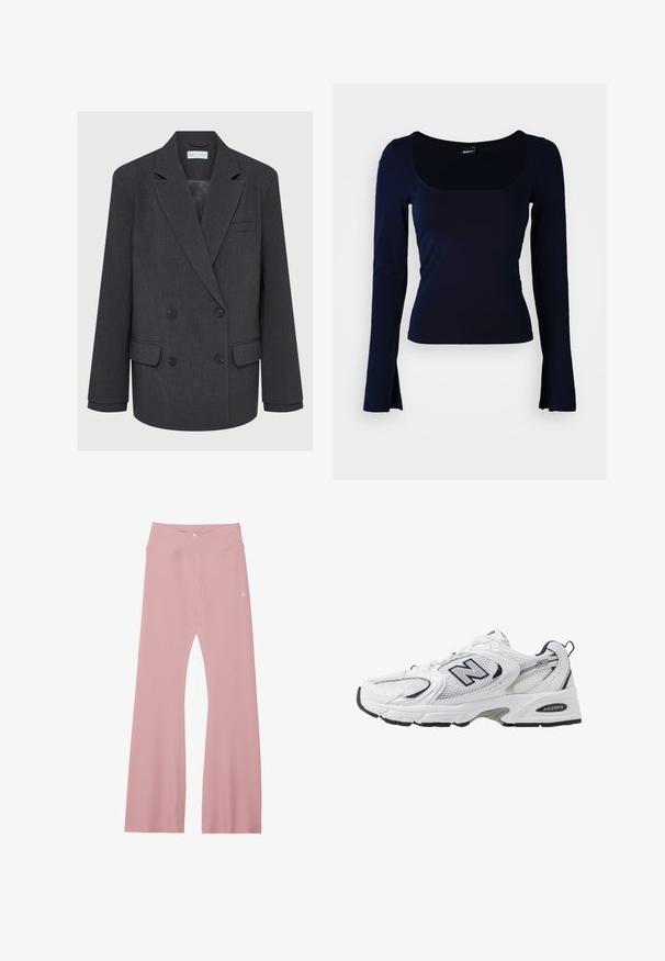 Grauer zweireihiger Blazer mit Reverskragen, zwei vorderen Taschen und strukturiertem Stoff. Verfügt über schwarze Knöpfe und ein glattes Innenfutter.; Marineblaues Langarmoberteil mit quadratischem Ausschnitt, gefertigt aus einem glatten, dehnbaren Stoff. Verfügt über eine taillierte Passform und leicht ausgestellte Ärmelenden.; Helle rosa, gerippte Leggings mit breitem Bund, die ein Kreuzdesign aufweisen und entlang der Beine mit verstärkten Nähten für Haltbarkeit ausgestattet sind.; Weißer Sportschuh mit Mesh-Obermaterial, navyblauen Akzenten und gepolsterter Sohle. Verfügt über das "N"-Logo, Schnürsenkel und eine strukturierte Detailverarbeitung an der Seite.