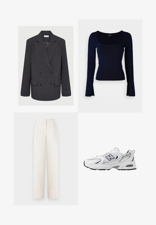 Sacou gri cu două rânduri de butoane, cu rever notchetat, două buzunare frontale și țesătură texturată. Prezintă butoane negre și o căptușeală interioară netedă.; Top navy cu mânecă lungă, cu decolteu pătrat, fabricat dintr-un material neted și elastic. Prezentând un design ajustat și capete de mânecă ușor evazate.; Pantaloni din in de culoare bej deschis, cu un design drept, având un brâu și pliuri frontale pentru un plus de detaliu.; Shoe sportiv alb cu parte superioară din plasă, accente bleumarin și talpă amortizată. Are logo-ul "N", șireturi și detalii texturate pe lateral.