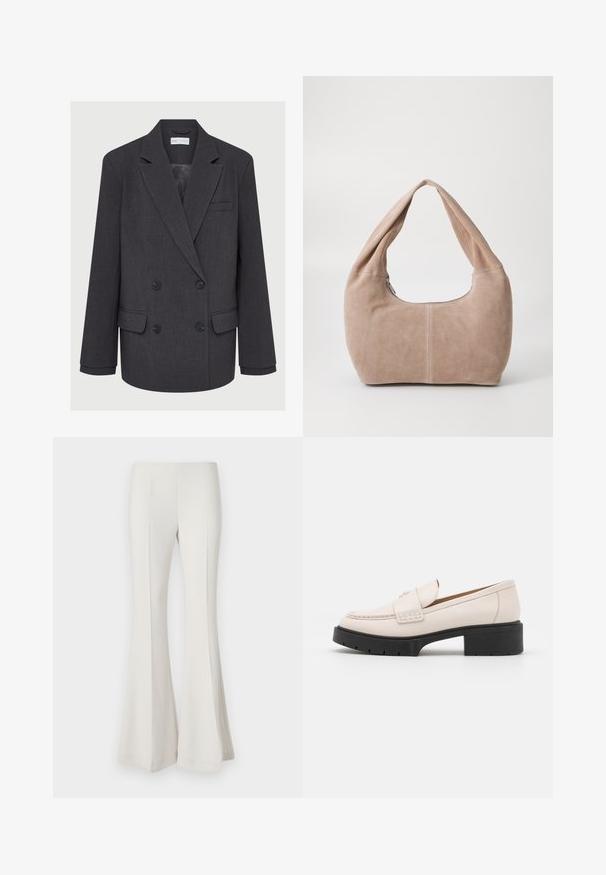 Pelēks dubultā jakas uzvalks ar iegrieztiem atlociem, divām priekšējām kabatām un teksturētu audumu. Iespējo melni pogas un gludu iekšējo odere.; Jūras spēku tumši zils krekls ar kvadrātveida dekoltē, izgatavots no gludas, elastīgas auduma. Tam ir pieguļošs dizains un nedaudz plati piedurkņu gali.; Baltas izplūdušais bikses, izgatavotas no gludas, elastīgas auduma. Iezīmē augstu vidukli un pieguļošu siluetu, kas izplešas no ceļa.; Gai krēmkrāsas ādas loaferi ar šuvēm priekšpusē un teksturētu melnu platformas papēdi. Ir izliekts dizains un neliels pacēlums.; Mīksta, zylejota hobo soma gaisā bēšā krāsā. Tam ir noapaļota forma ar platu siksnu un rāvējslēdzēja aizdare.