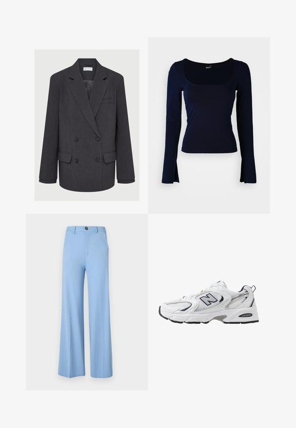 Blazer grigio doppiopetto con rever a punta, due tasche frontali e tessuto testurizzato. Presenta bottoni neri e una fodera interna liscia.; Maglietta a maniche lunghe di color navy con scollatura quadrata, realizzata in un tessuto morbido e elasticizzato. Presenta un design aderente e maniche leggermente svasate.; Pantaloni larghi azzurri realizzati in un tessuto morbido, con chiusura a bottone e tasche frontali. Design pulito e sartoriale senza motivi.; Scarpa sportiva bianca con tomaia in mesh, dettagli in blu marino e suola imbottita. Presenta il logo "N", lacci e dettaglio texturizzato sul lato.