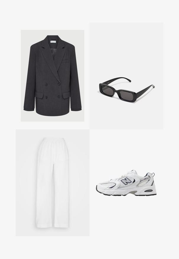 Grauer zweireihiger Blazer mit Reverskragen, zwei vorderen Taschen und strukturiertem Stoff. Verfügt über schwarze Knöpfe und ein glattes Innenfutter.; Beige Langarmshirt mit rundem Halsausschnitt und gerafften Details an den Seiten, aus einem weichen, strukturierten Stoff gefertigt.; Weiße, weite Hose aus leichtem, strukturiertem Stoff mit einem elastischen Bund. Sie hat einen lockeren Schnitt mit geraden Beinen und keine Taschen.; Weißer Sportschuh mit Mesh-Obermaterial, navyblauen Akzenten und gepolsterter Sohle. Verfügt über das "N"-Logo, Schnürsenkel und eine strukturierte Detailverarbeitung an der Seite.; Schwarze rechteckige Sonnenbrille mit dunklen Gläsern, glänzender Oberfläche, breiten Bügeln und einem klobigen Rahmen-Design. Gravierter Markenname auf einem Bügel.