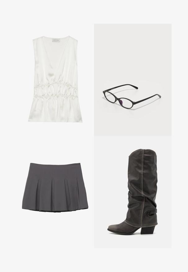 Blazer grigio doppiopetto con rever a punta, due tasche frontali e tessuto testurizzato. Presenta bottoni neri e una fodera interna liscia.; Top senza maniche in satin bianco con scollatura a V profonda, vita arricciata e silhouette fluida, dalla texture morbida e finitura liscia.; Gonna grigia a pieghe con texture liscia, caratterizzata da dettagli cuciti e una vita aderente, che termina a metà coscia.; Stivali in pelle grigia al polpaccio con un design morbido, punta affilata e tacco impilato. Dettagli di cucitura evidenti nell'area della punta.; Occhiali da vista in plastica nera dalla forma ovale, con lenti trasparenti e un accento viola sulla lente sinistra. Design elegante e minimal.