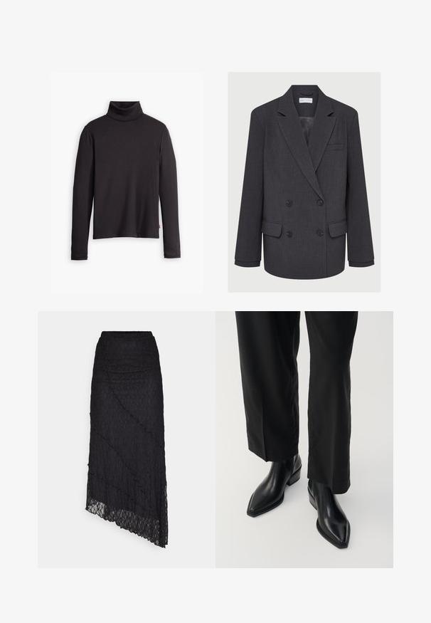 Sivi dvoredni sako s revere ovratnikom, dva prednja džepa i teksturiranom tkaninom. Ima crne dugmadi i glatku unutarnju podstavu.; Crna rebrasta dolčevita s dugim rukavima i prilagođenim dizajnom. Mekana tekstura, suptilno rastezanje i oznaka na donjoj strani.; ONLY ONLKIM LACE SKIRT - Velika suknja - black; Crne kožne gležnjače s oštrim vrhom, glatke teksture i četvrtastom potpeticom. Uparene s crnim hlačama širokih nogavica, stvarajući elegantnu siluetu.