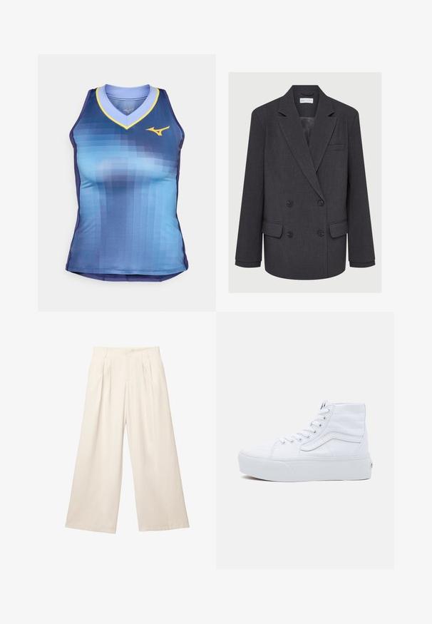 Szürke, dupla mellényes blézer lejjebb vágott hajtókával, két elülső zsebbel és texturált anyaggal. Fekete gombokkal és sima belső béléssel rendelkezik.; Ujjatlan sport felső, amely kék árnyalatú, átmenetes dizájnnal rendelkezik, V-nyakkivágással és sárga díszítéssel, valamint testhezálló fazonnal. Simogató, könnyű anyagból készült.; Széles lábú nadrág világos bézs színben, puha, textúrált anyagból. Elöl pliszével és elasztikus derékkal rendelkezik a kényelmes viselet érdekében.; Fehér vászon magas szárú sportcipők gumitalppal, fűzős elülső résszel és párnázott gallérral. Klasszikus dizájn, varrott részletekkel.