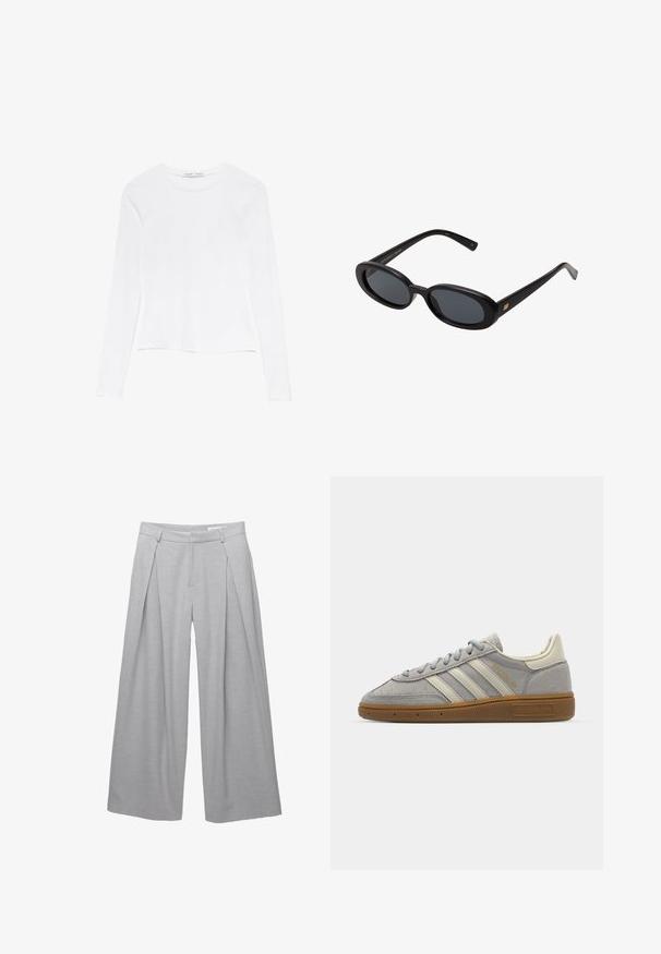 Gray double-breasted blazer with notched lapels, two front pockets, and textured fabric. Features black buttons and a smooth inner lining.; White long-sleeve top with a round neckline. Features a fitted design, smooth fabric texture, and a slightly cropped hemline.; Light gray wide-leg trousers, made from textured fabric, featuring front pleats, belt loops, and a tailored waist. No visible closures.; Gray suede sneakers with light gray leather stripes and a gum rubber sole. Features include lace closure and subtle branding on the tongue.; Black oversized sunglasses with oval lenses, smooth plastic frame, and gold accents on temple. Dark lenses provide sun protection.