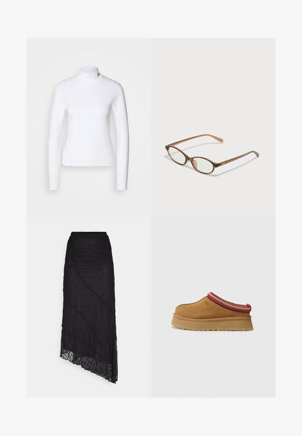 Grauer zweireihiger Blazer mit Reverskragen, zwei vorderen Taschen und strukturiertem Stoff. Verfügt über schwarze Knöpfe und ein glattes Innenfutter.; Weißes Langarm-Turtleneck-Shirt aus weichem Baumwollstoff, mit einer figurnahen Passform und einem kleinen Logo-Akzent in der Nähe des Kragens.; ONLY ONLKIM LACE SKIRT - Maxirock - black; Braune Wildleder-Slipper mit rot-creamfarbenem gemusterten Besatz, strukturiertem Absatz und UGG-Logo an der Seite. Verfügt über eine leichte Plattformhöhe.; Braune Schildpatt-Brille mit ovalen Gläsern, dünnen Bügeln und transparenten Akzenten. Verfügt über ein dezentes Logo am Bügel. Elegantes, leichtes Design.