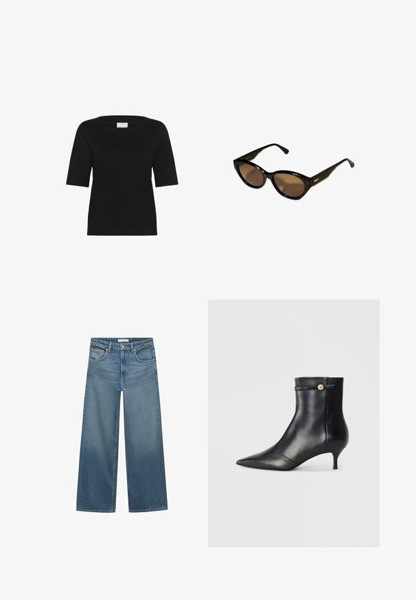 Gray double-breasted blazer with notched lapels, two front pockets, and textured fabric. Features black buttons and a smooth inner lining.; Black short-sleeve knit top features a wide boat neck, ribbed texture, and a straight hem. Made from soft, breathable fabric.; Light blue wide-leg jeans made from denim, featuring a mid-rise waist, two front pockets, and classic stitching details.; Black leather ankle boot with a pointed toe and a small, tapered heel. Features a decorative strap with a gold button accent. Smooth texture.; Black cat-eye sunglasses with brown lenses. Textured gold hardware on arms. Smooth plastic frame with a glossy finish.