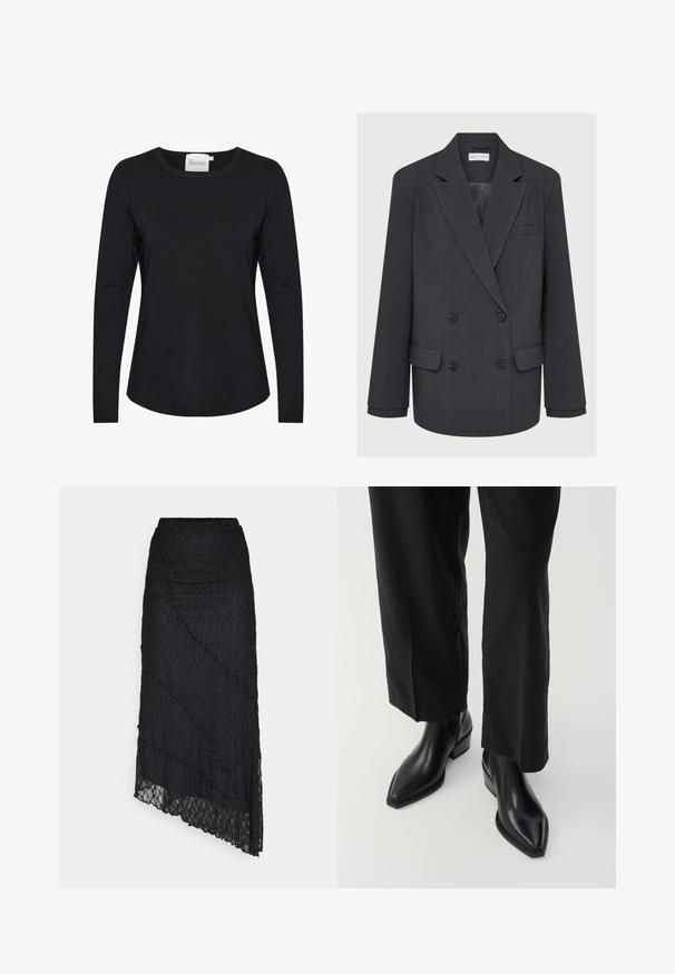 Szary dwurzędowy blezer z wyłogami, dwoma przednimi kieszeniami i teksturowanym materiałem. Posiada czarne guziki i gładką podszewkę.; Czarna koszula z długim rękawem, wykonana z gładkiego materiału, z okrągłym dekoltem i delikatnym wyprofilowaniem u dołu, z minimalnym wykończeniem szwów.; ONLY ONLKIM czarny; Czarne skórzane botki sięgające kostki z wydłużonym noskiem, gładką fakturą i kwadratowym obcasem. W połączeniu z czarnymi spodniami o szerokich nogawkach, tworzącymi elegancką sylwetkę.