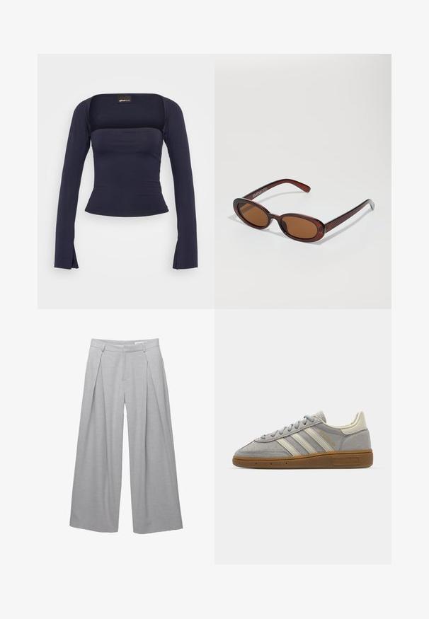 Sacou gri cu două rânduri de butoane, cu rever notchetat, două buzunare frontale și țesătură texturată. Prezintă butoane negre și o căptușeală interioară netedă.; Gina Tricot SOFT TOUCH SQUARE NECK TOP - Bluză cu mânecă lungă - black iris; Pantaloni largi gri deschis, dintr-un material texturat, cu pliseuri frontale, bucle pentru curea și talie croită. Fără închideri vizibile.; Adidași din suede gri, cu dungi din piele gri deschis și talpă din cauciuc de tip gumă. Include închidere cu șireturi și un branding discret pe limbă.; Ochelari de soare rotunzi, cu nuanțe de brown și cu un cadru lucios de burgund. Brațe subțiri cu detalii subtile de branding. Design cu lentile plate.