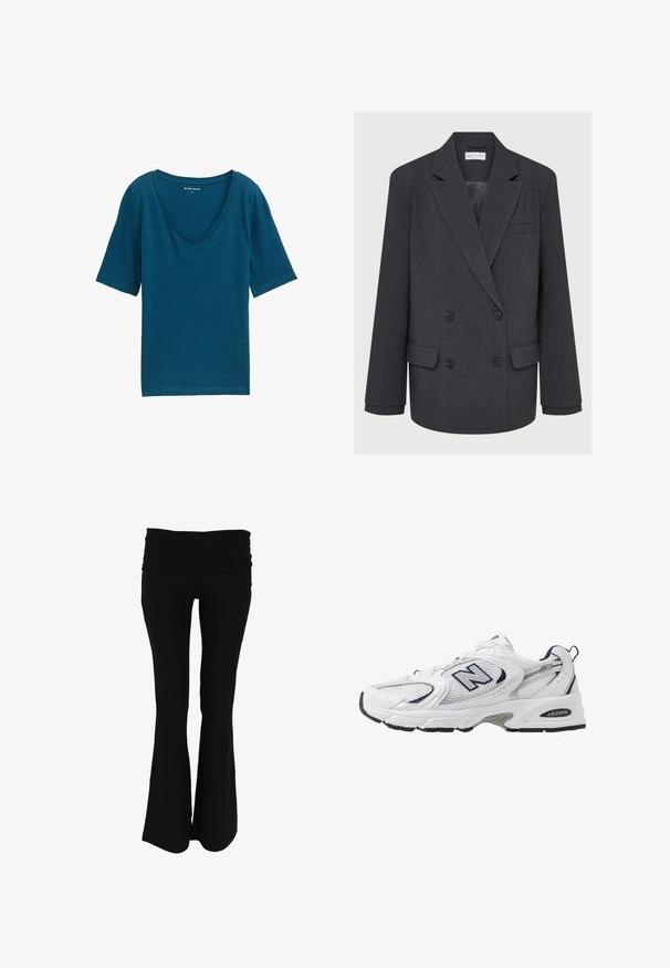 Hall Gray topelt ülikond, millel on nurgelised kraed, kaks eesmist taskut ja tekstuuriga kangas. Omab musti nuppe ja siledat sisetükki.; Türkiisi V-kaelusega t-särk, mis on valmistatud pehmest kangast, lühikeste varrukatega ja mugava lõikega. Sile tekstuur minimaalse detailidega.; Mustad laiad jooga püksid, millel on veniv ja lai vöökoht. Valmistatud pehmest, kergest kangast, millel on sile tekstuur ja puuduvad nähtavad mustrid.; Valge sportlik king, millel on võrgust ülasäär, tumesinised aktsendid ja pehme tallan. Omab "N" logo, paelu ja tekstuurset detaili külje peal.