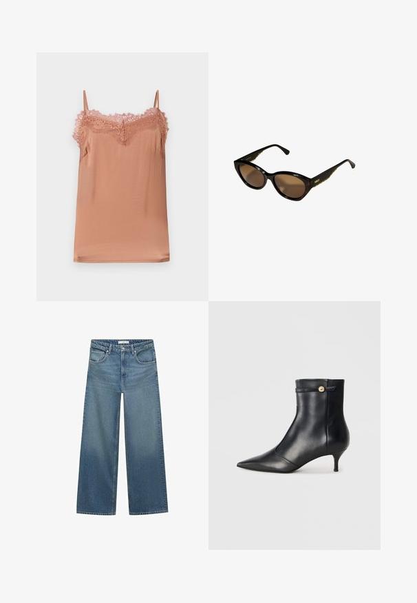Grauer zweireihiger Blazer mit Reverskragen, zwei vorderen Taschen und strukturiertem Stoff. Verfügt über schwarze Knöpfe und ein glattes Innenfutter.; Cami-Top aus einem weichen rosafarbenen Stoff, mit verstellbaren Trägern und einer Spitzenverzierung am Ausschnitt. Glatte Textur mit lockerer Passform.; Helleblaue weit geschnittene Jeans aus Denim mit mittelhoher Taille, zwei Fronttaschen und klassischen Nähten.; Schwarze Leder-Ankle-Boots mit spitzer Zehenform und kleinem, verjüngtem Absatz. Mit einem dekorativen Riemen und einem goldenen Knopf-Element. Glatte Textur.; Schwarze Cat-Eye-Sonnenbrille mit braunen Gläsern. Strukturiertes goldfarbenes Zubehör an den Bügeln. Glatter Kunststoffrahmen mit glänzender Oberfläche.; Schwarze Lederhandtasche mit einer eleganten, rechteckigen Form. Sie hat eine glatte Textur, zwei Griffe und einen silbernen Beschlag.