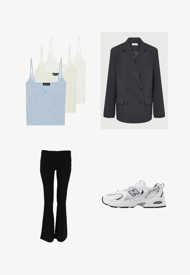 Sivý dvojradový blazer s výstrihom do "notched lapels", dvoma prednými vreckami a textúrovanou látkou. Obsahuje čierne gombíky a hladkú vnútornú podšívku.; Tričko s tenkými ramienkami: svetlomodré, krémové a biele. Vyrobené z jemného materiálu s čipkovým lemovaním pozdĺž výstrihu a tenkými nastaviteľnými ramienkami.; Čierne rozšírené jogové nohavice s širokým, elastickým pásom. Vyrobené z mäkkej, ľahkej tkaniny, s hladkým povrchom a bez viditeľných vzorov.; Biele športové topánky s priedušným vrchným materiálom, námorníckymi akcentmi a polstrovanou podrážkou. Obsahujú logo "N", šnúrky a textúrovaný detail na boku.
