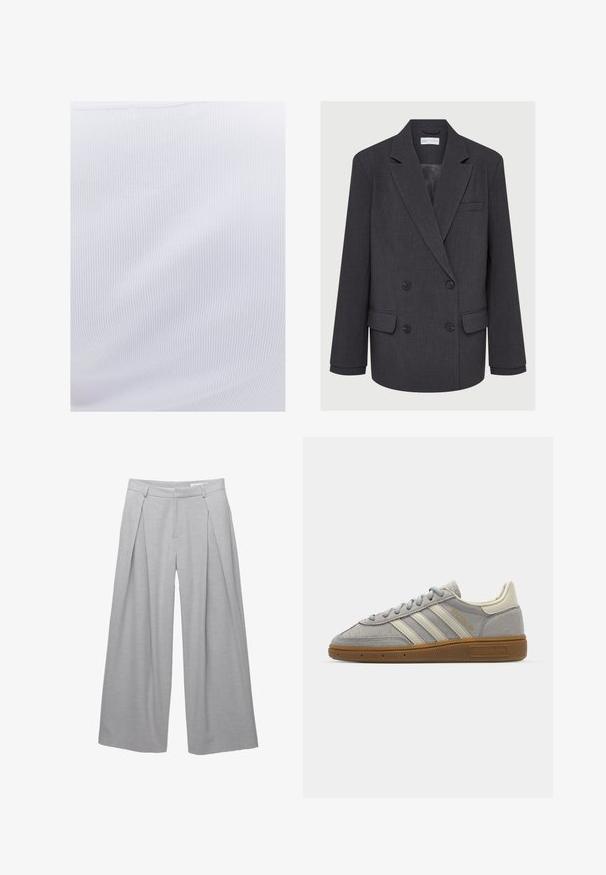 Harmaa kaksirivinen bleiseri, jossa on hapsulliset kaulukset, kaksi etutaskua ja teksturoitu kangas. Varustettu mustilla nappeilla ja sileällä vuorella.; Valkoinen ribbikangas, jossa on sileä pinta ja pystysuorat viivat, hieman joustava, sopii vartaloa myötäileville vaatteille.; Vaaleanharmaat leveät housut, jotka on valmistettu teksturoidusta kankaasta. Housuissa on etupleaatit, vyölenkit ja muotoiltu vyötärö. Ei näkyviä sulkemisia.; Harmaat mokka-tennarit, joissa on vaaleanharmaat nahkaviivat ja kumipohja. Ominaisuuksiin kuuluvat nauhakiinnitys ja huomaamaton brändäys kielen kohdalla.