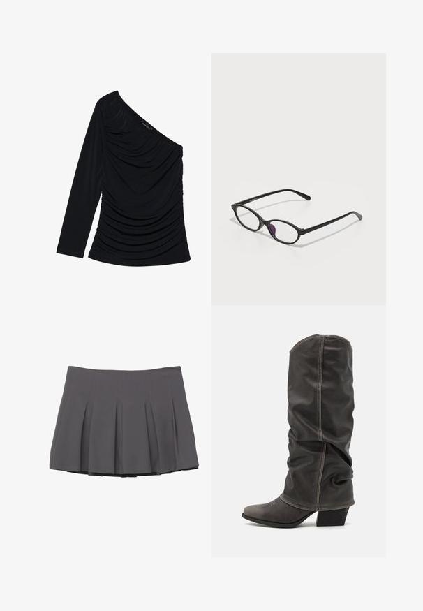 Grauer zweireihiger Blazer mit Reverskragen, zwei vorderen Taschen und strukturiertem Stoff. Verfügt über schwarze Knöpfe und ein glattes Innenfutter.; Schwarzes langärmliges Oberteil mit einseitigem Design, texturiertem Raffung an der Vorderseite und glattem Stofffinish.; Grauer gefalteter Rock mit glatter Textur, der gestickte Details und einen taillierten Bund aufweist und in einer Länge bis zur Mitte des Oberschenkels abschließt.; Graue Lederstiefel bis zur Wade mit einem lässigen Design, spitzer Zehenform und gestapelt Hohem Absatz. Auffällige Nähte im Bereich der Zehen.; Schwarze Kunststoffbrille mit ovaler Form, ausgestattet mit klaren Gläsern und einem lila Akzent auf dem linken Glas. Elegantes, minimalistisches Design.